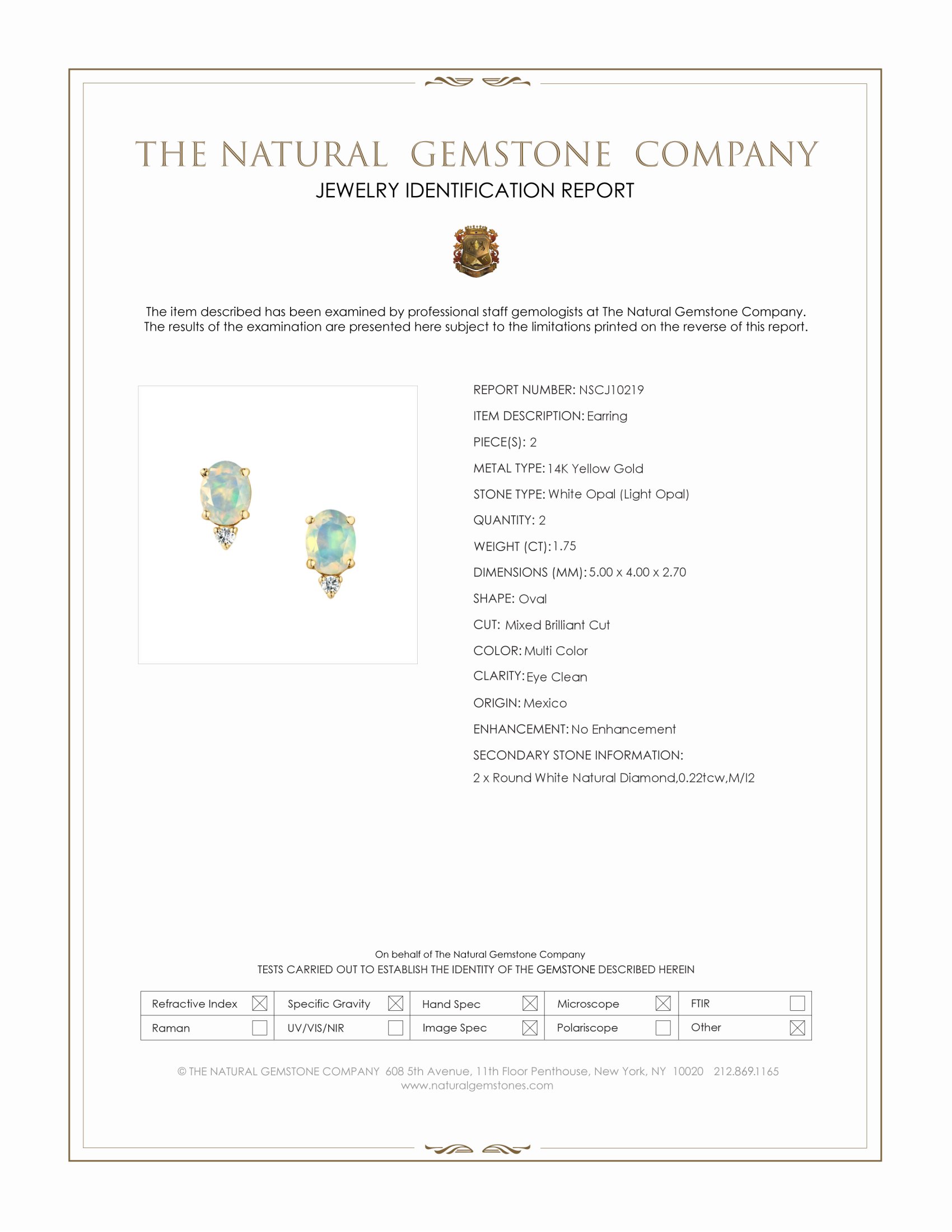 1.75 Ct.Tw. Multi Color White Opal (Light Opal) and Natural Diamond Studs Earrings, 14K Yellow Gold