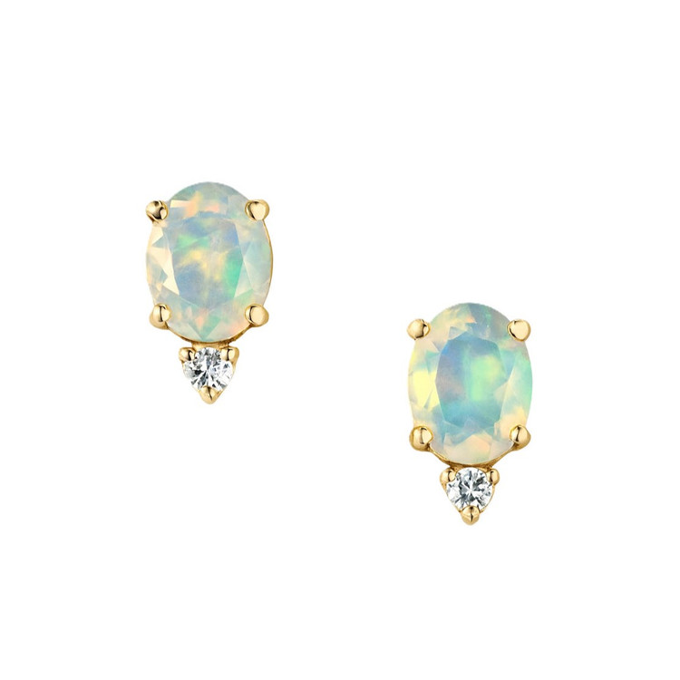 1.75 Ct.Tw. Opal Natural Diamond Studs Earrings, 14K Yellow Gold