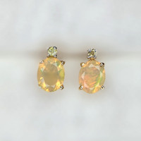 1.75 Ct.Tw.Total Carat Weight Opal Natural Diamond Studs Earrings, 14K Yellow Gold Image