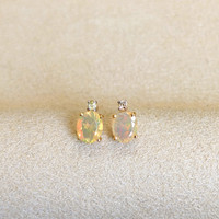 1.75 Ct.Tw.Total Carat Weight Opal Natural Diamond Studs Earrings, 14K Yellow Gold Image