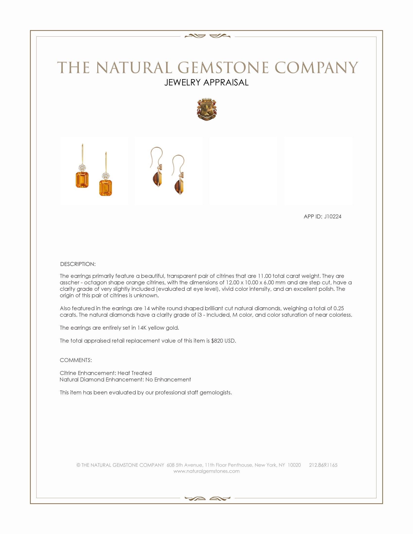 11.00 Ct.Tw. Citrine Natural Diamond Accent Stones Earrings, 14K Yellow Gold