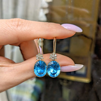 10.27 Ct.Tw.Total Carat Weight Blue Topaz and Natural Diamond Accent Stones Earrings, 14K Yellow Gold Life Style