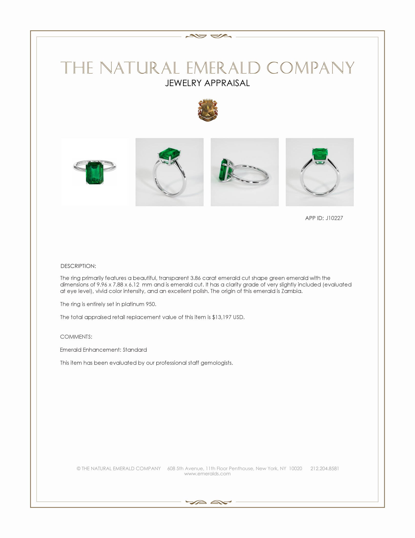 3.86 Ct. Emerald Solitaire Ring, Platinum 950