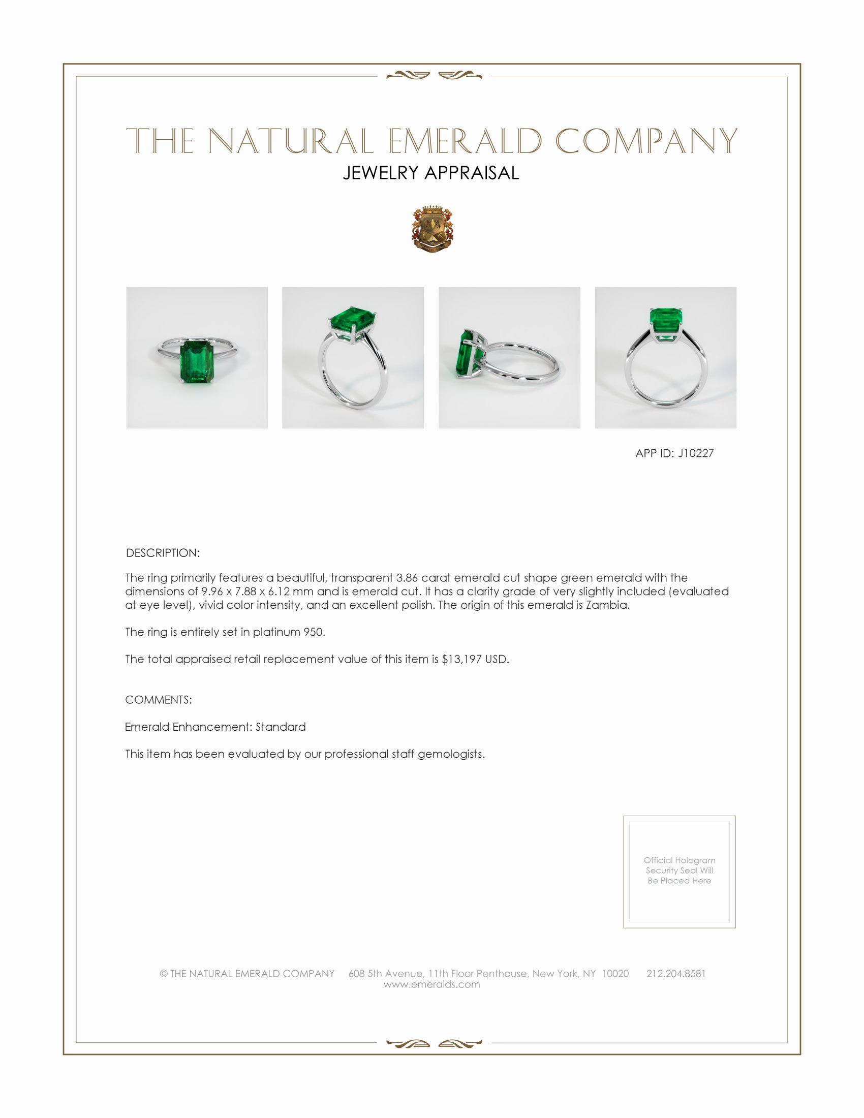 3.86 Ct. Emerald Solitaire Ring, Platinum 950