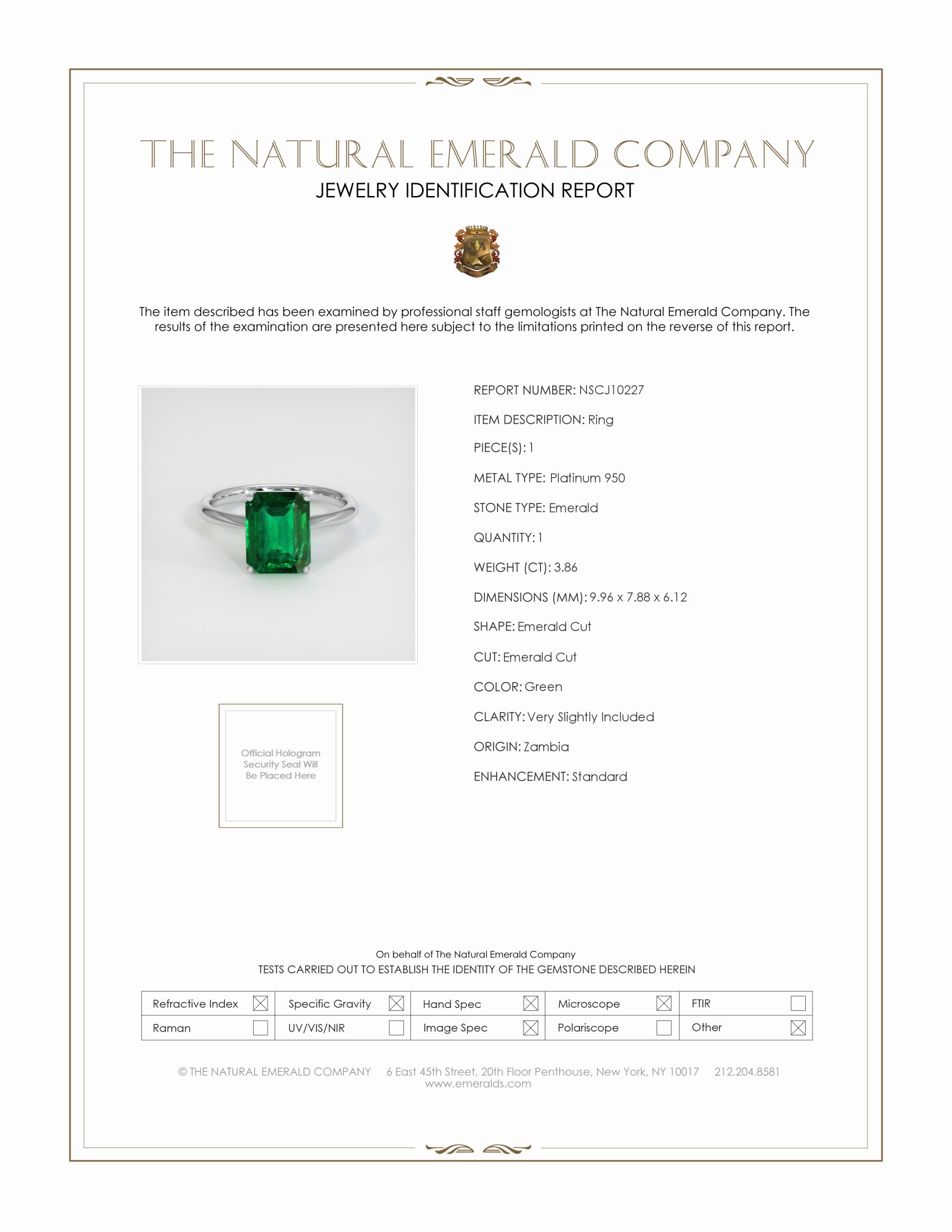 3.86 Ct. Emerald Solitaire Ring, Platinum 950