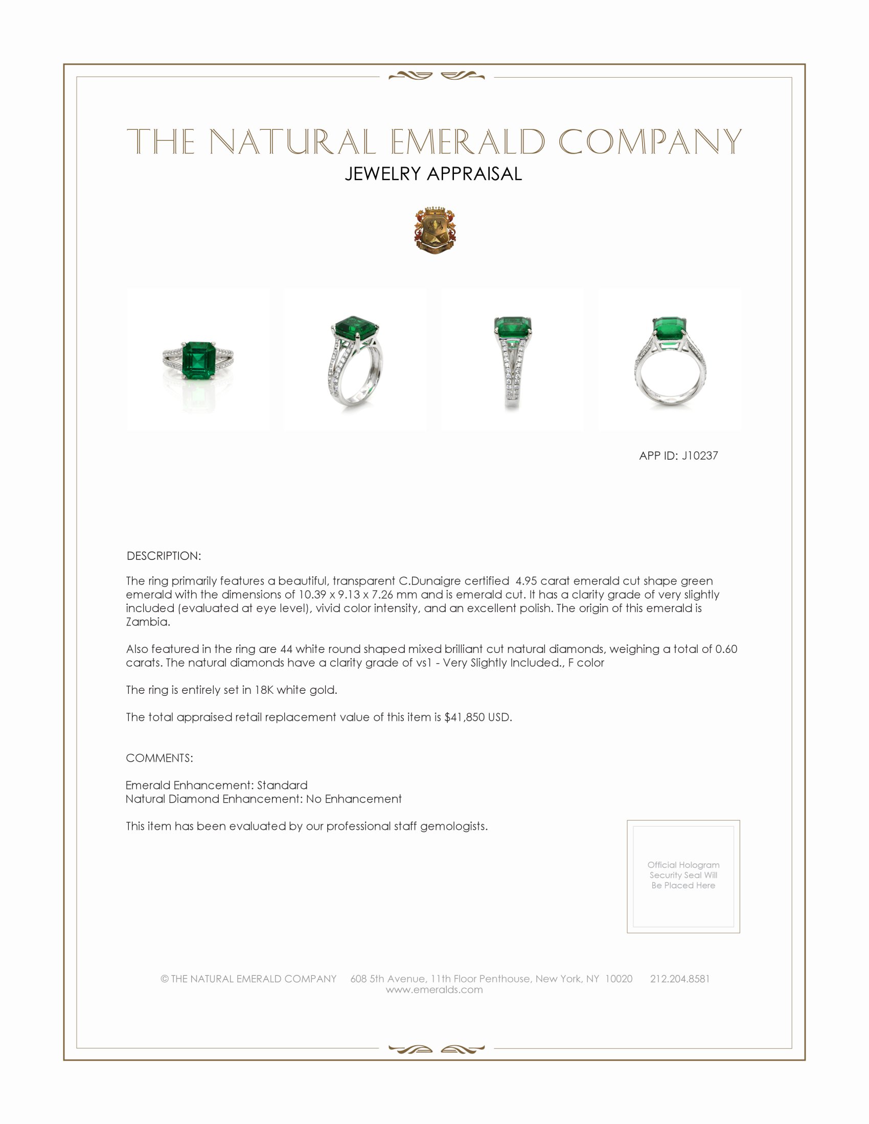 4.95 Ct. Emerald and Natural Diamond Pave Ring, 18K White Gold