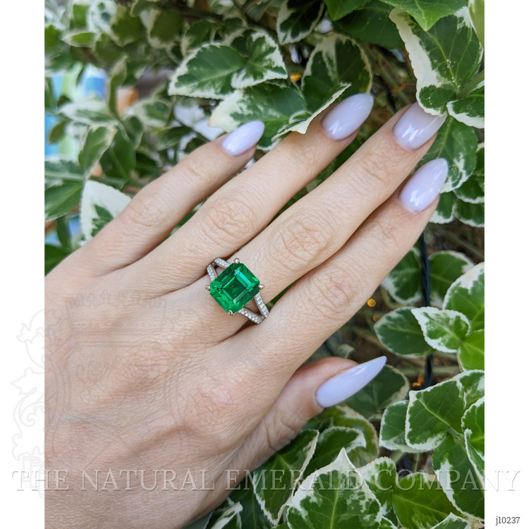 4.95 Ct. Emerald and Natural Diamond Pave Ring, 18K White Gold