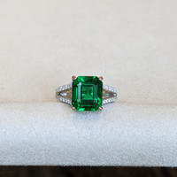 4.95 Ct. Emerald and Natural Diamond Pave Ring, 18K White Gold Life Style