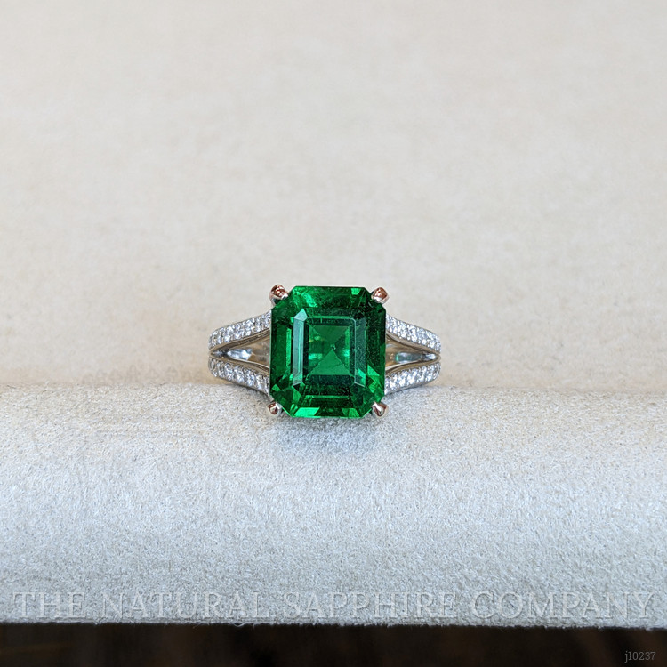 4.95 Ct. Emerald and Natural Diamond Pave Ring, 18K White Gold