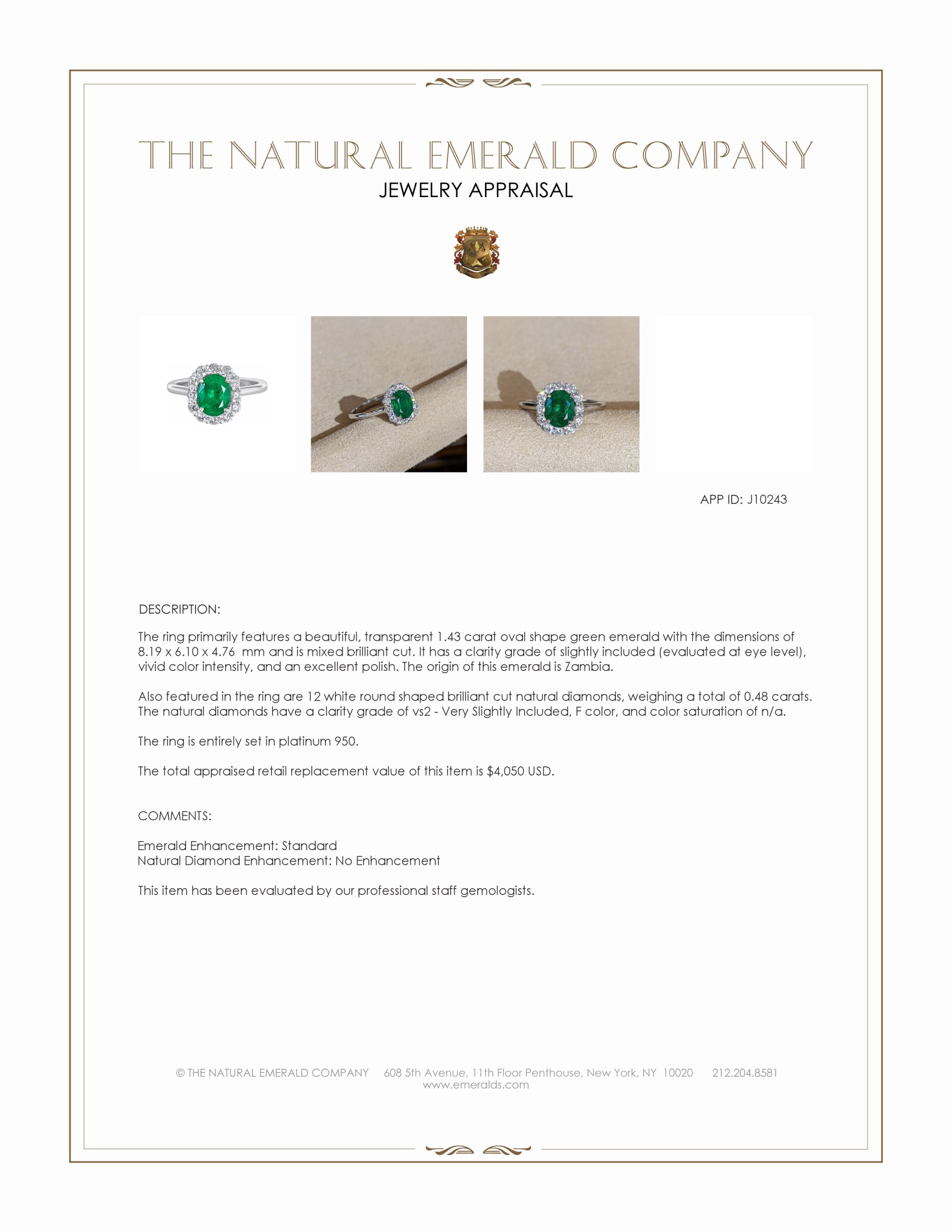 1.43 Ct. Emerald and Natural Diamond Halo Ring, Platinum 950