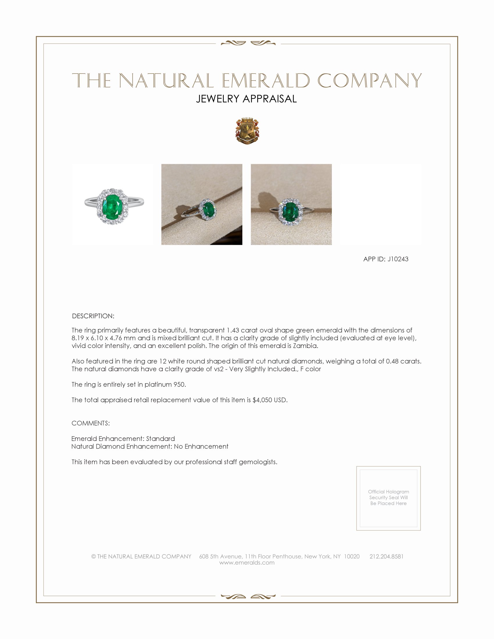 1.43 Ct. Emerald Natural Diamond Halo Ring, Platinum 950