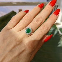 1.43 Ct. Emerald Natural Diamond Halo Ring, Platinum 950 Life Style