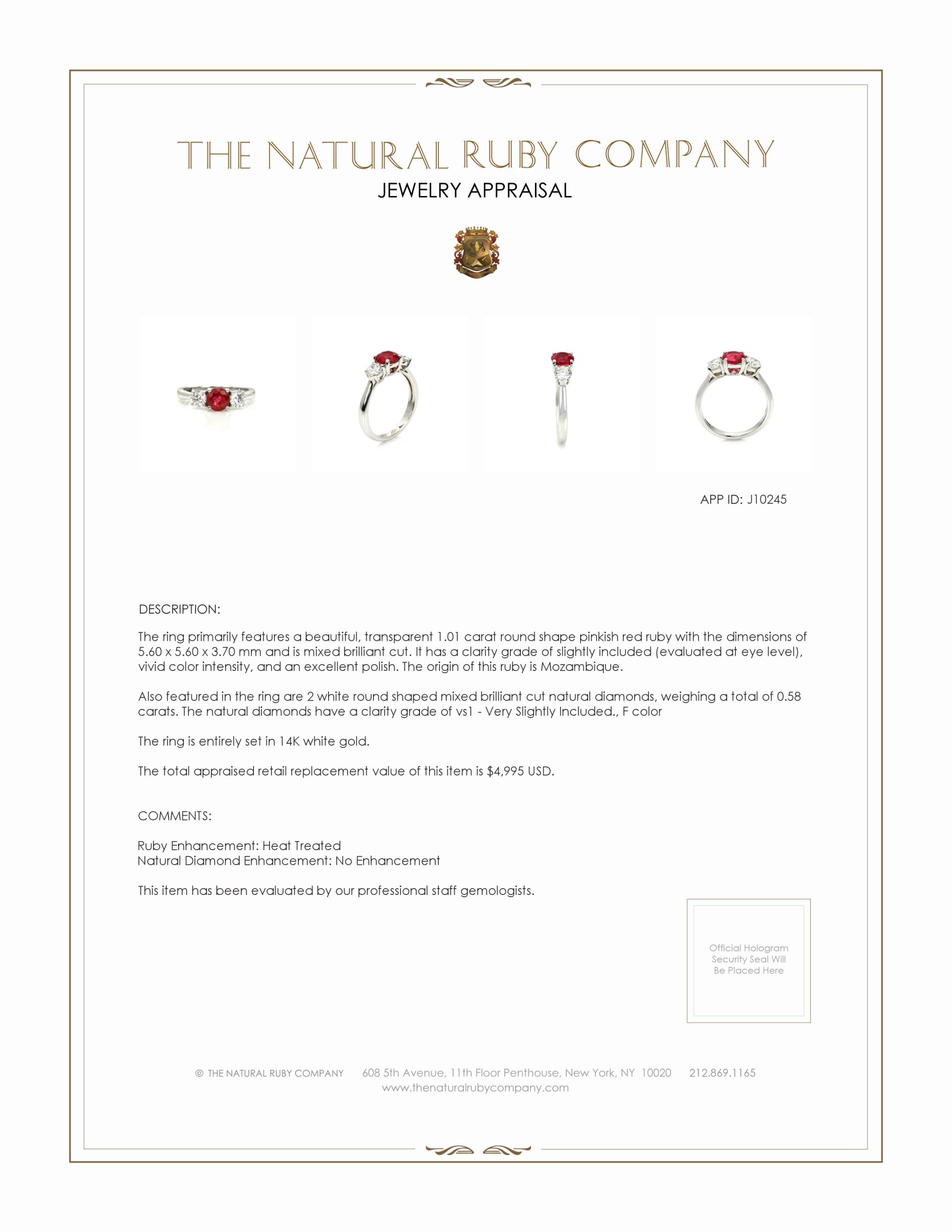 1.01 Ct. Pinkish Red Ruby and Natural Diamond Three Stone Ring, 14K White Gold