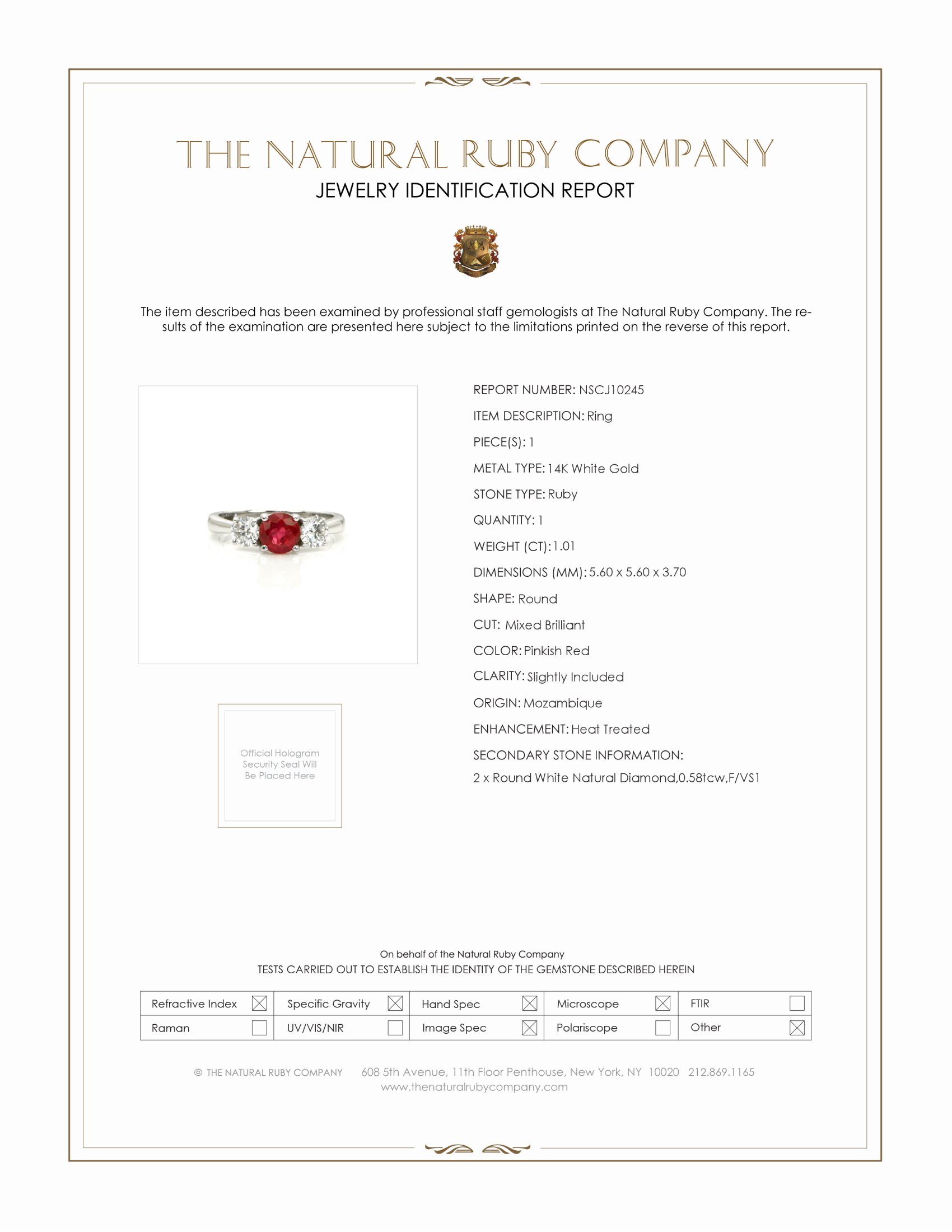 1.01 Ct. Pinkish Red Ruby and Natural Diamond Three Stone Ring, 14K White Gold