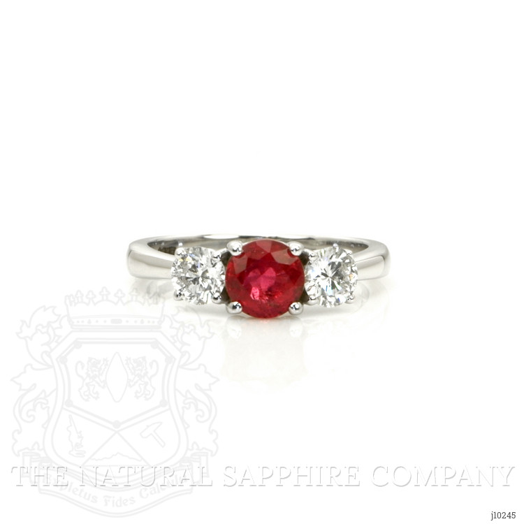 1.01 Ct. Pinkish Red Ruby and Natural Diamond Three Stone Ring, 14K White Gold