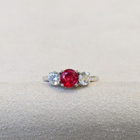 1.01 Ct. Ruby Natural Diamond Three Stone Ring, 14K White Gold Life Style