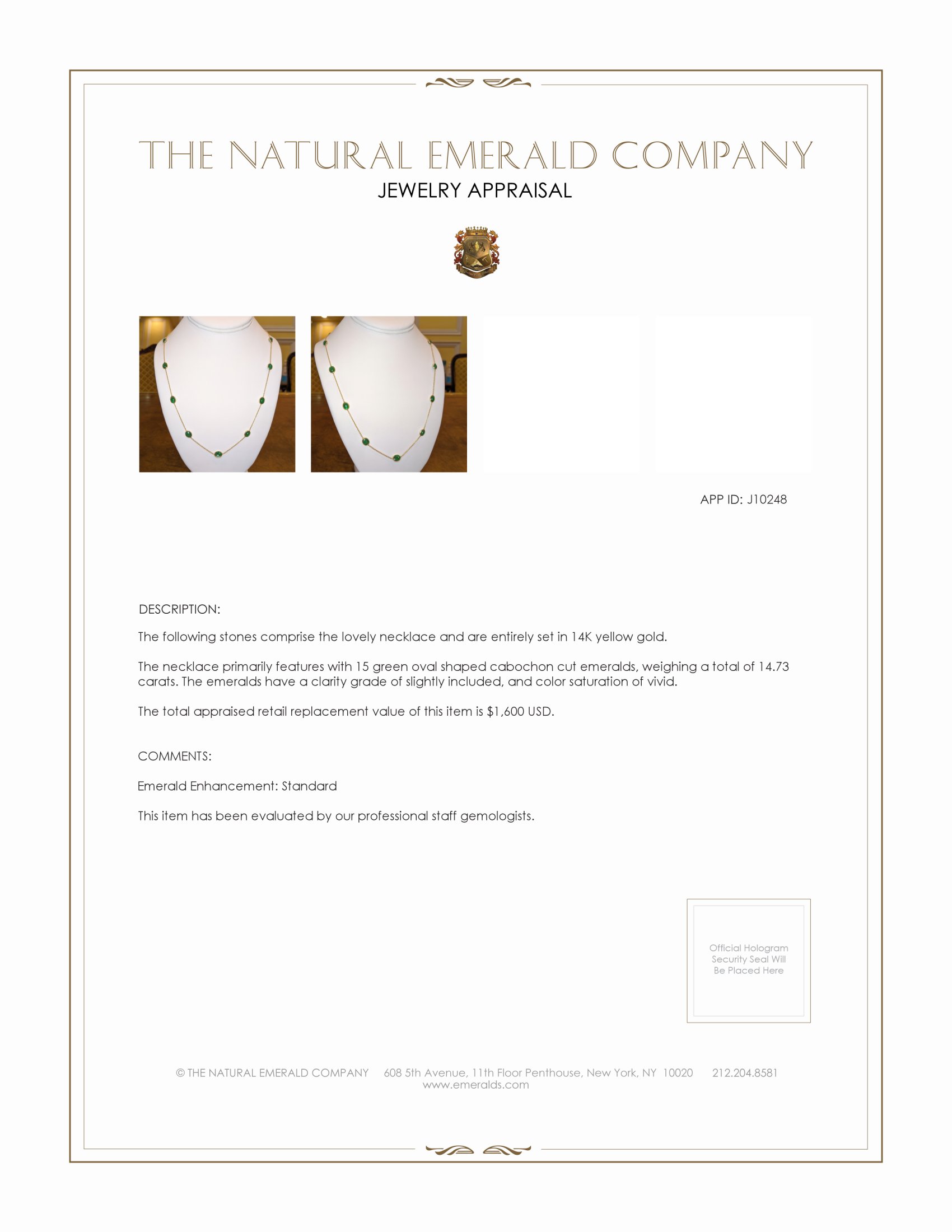 14.73 Ct. Emerald Bezel Necklace, 14K Yellow Gold