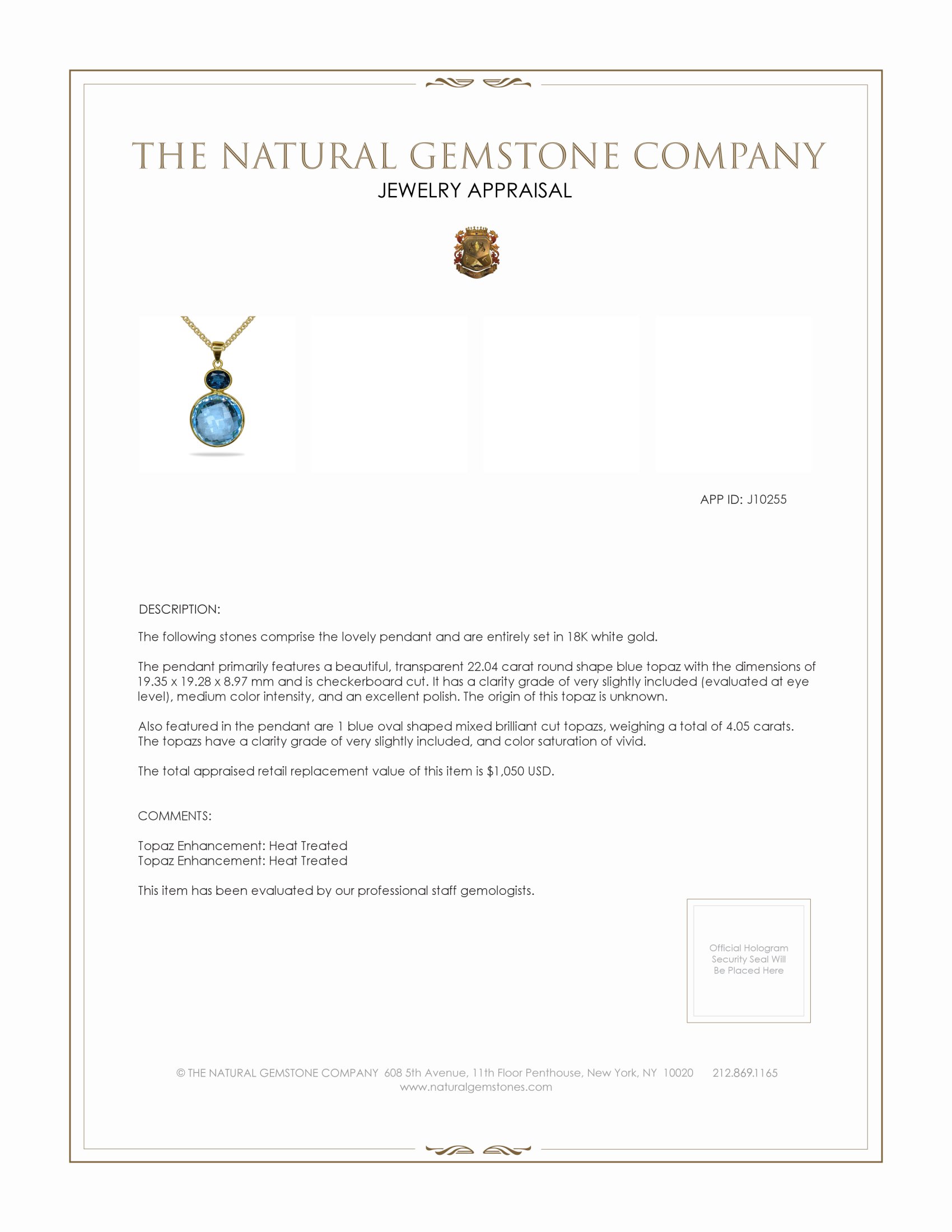 22.04 Ct. Topaz Topaz Bezel Pendant, 18K White Gold