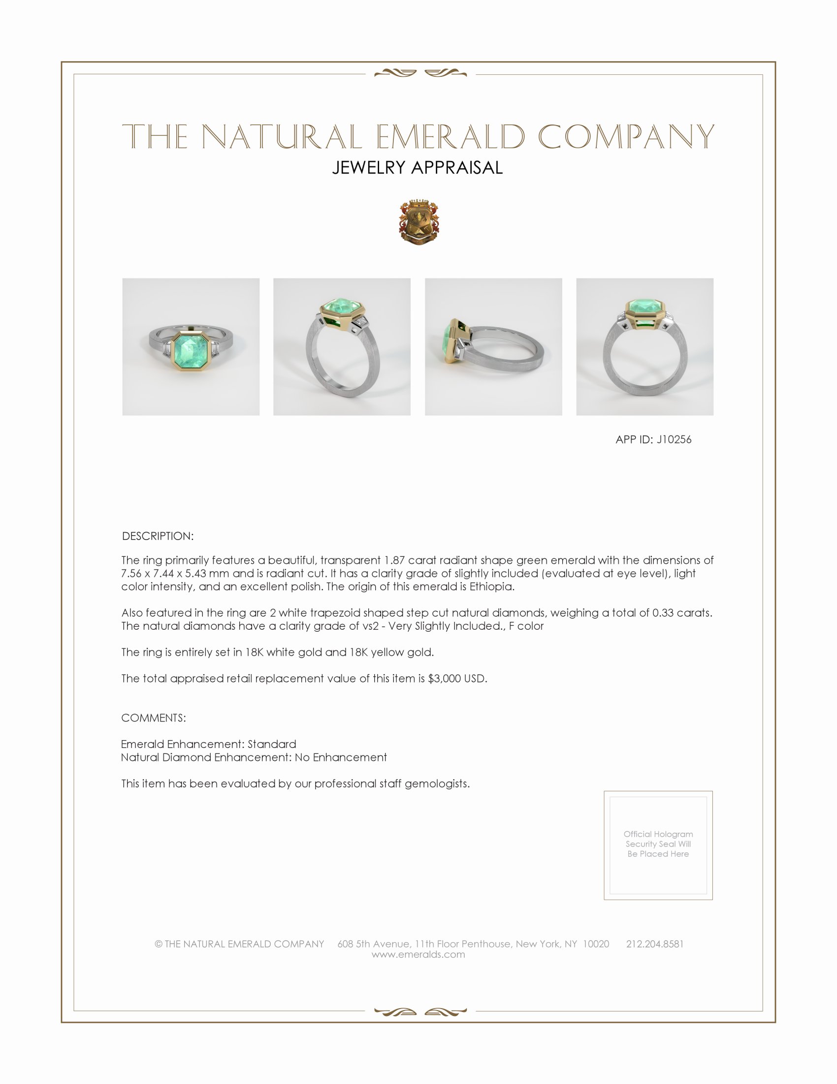 1.87 Ct. Emerald Natural Diamond Vedic Ring, 18K White & Yellow