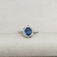 1.03 Ct. Blue Sapphire and Natural Diamond Pave Ring, 14K White Gold Life Style