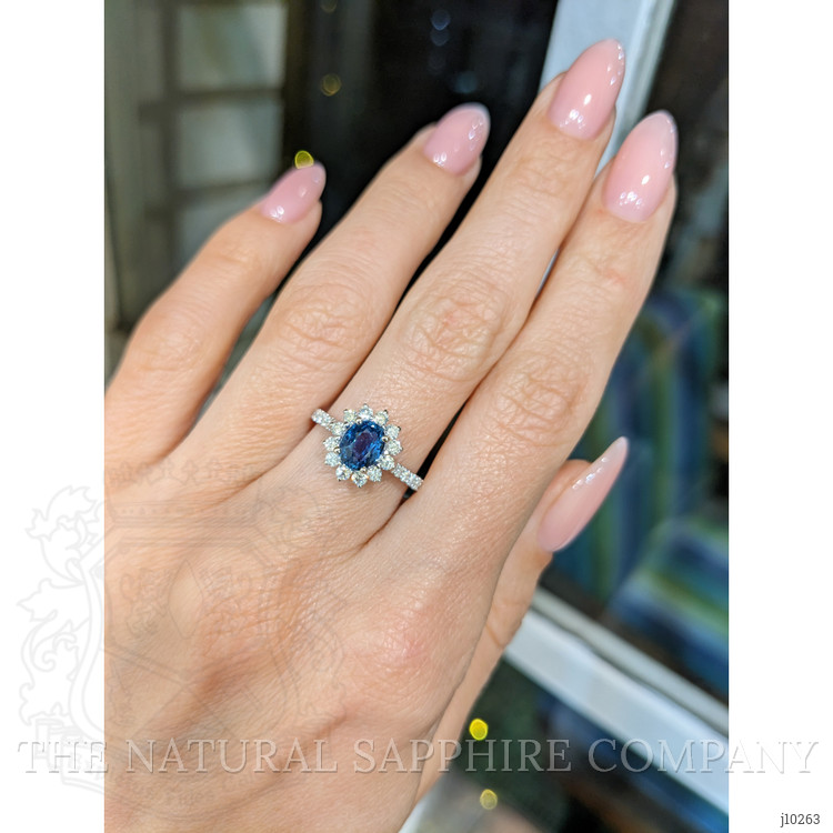 1.03 Ct. Blue Sapphire and Natural Diamond Pave Ring, 14K White Gold