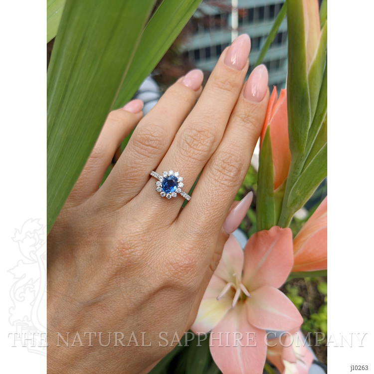 1.03 Ct. Blue Sapphire and Natural Diamond Pave Ring, 14K White Gold