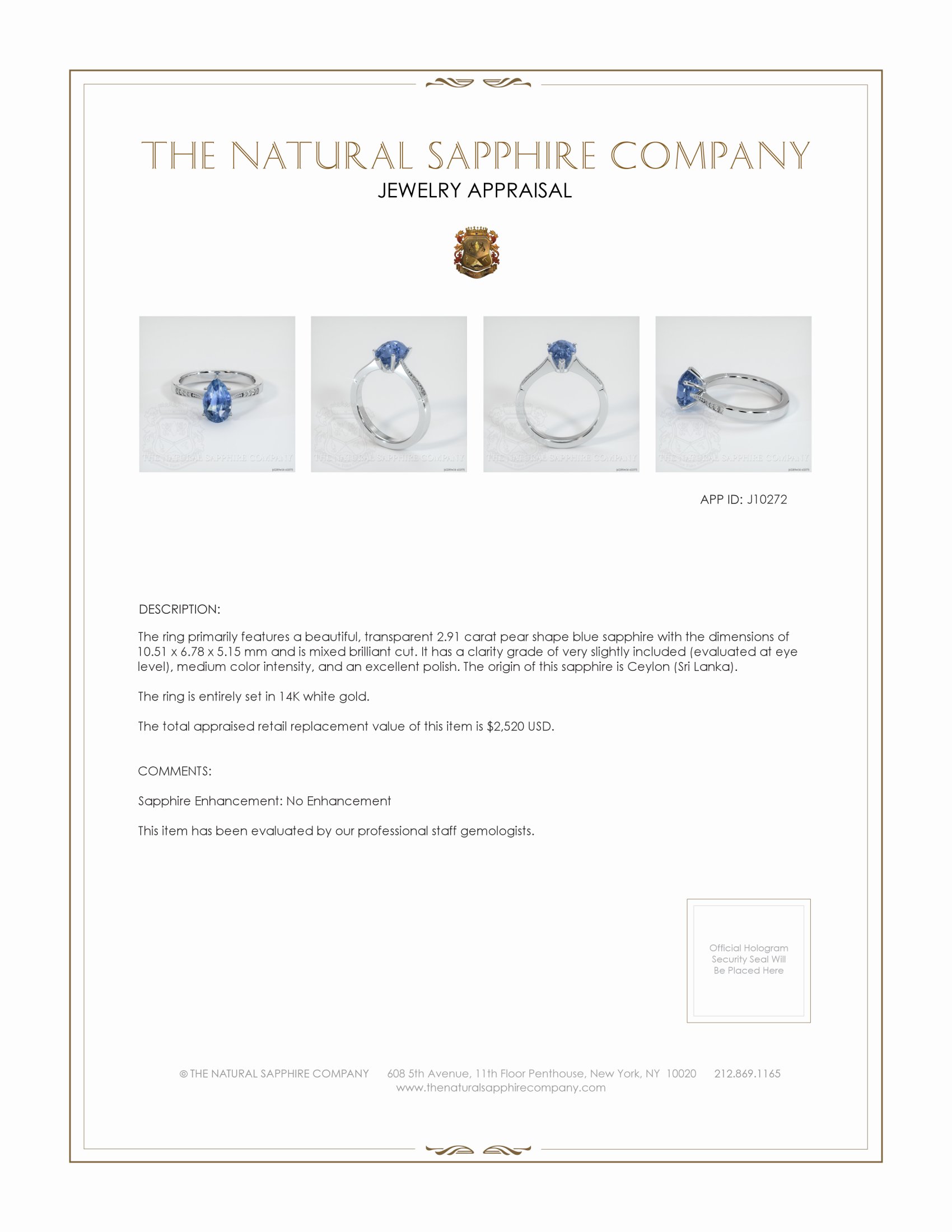 2.91 Ct. Blue Sapphire Antique Style Ring, 14K White Gold