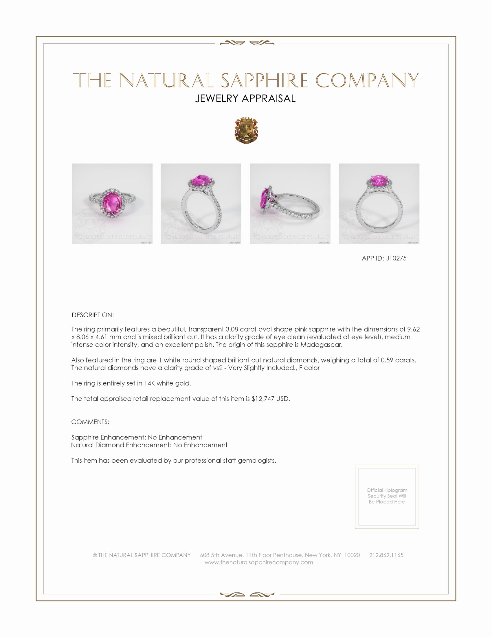 3.08 Ct. Pink Sapphire and Natural Diamond Pave Ring, 14K White Gold