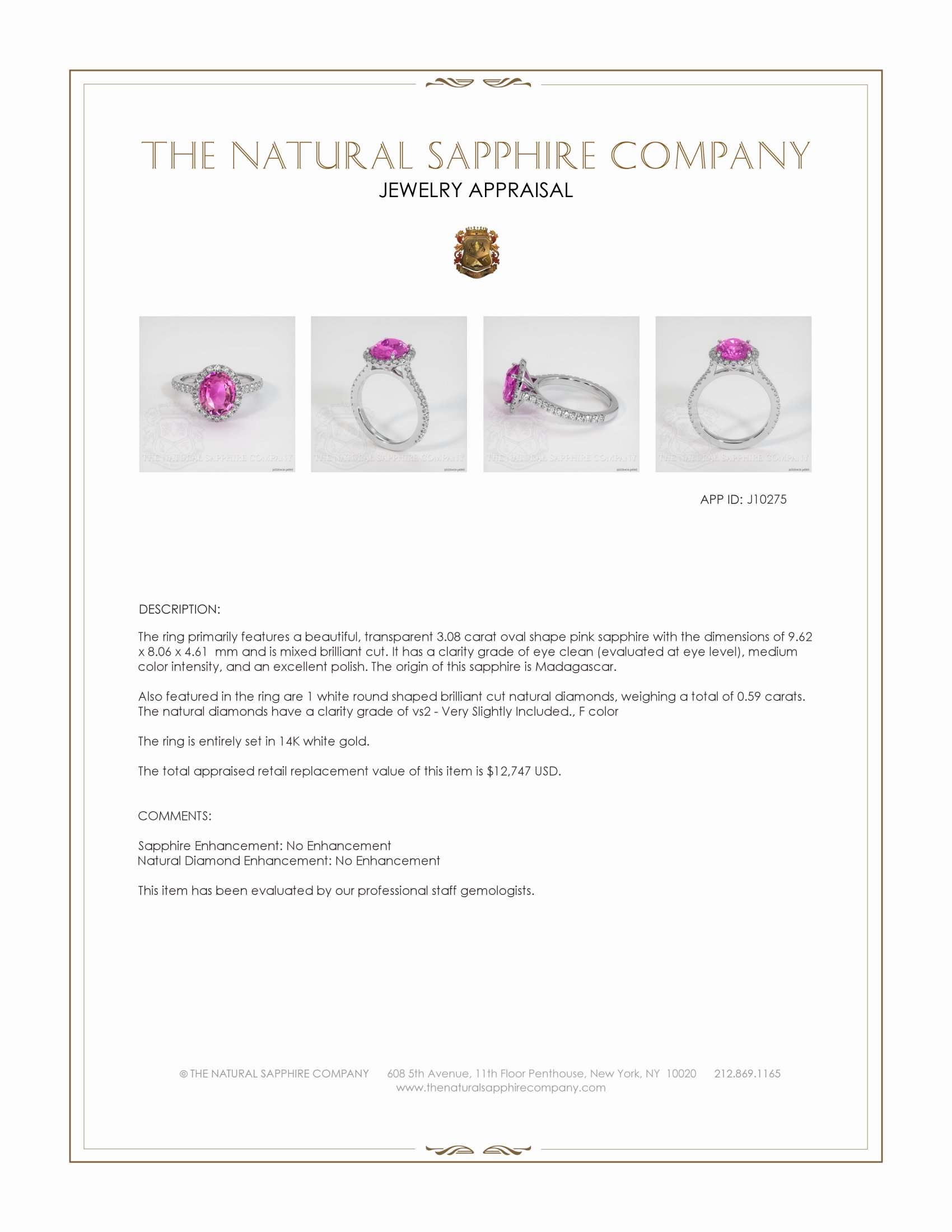 3.08 Ct. Pink Sapphire and Natural Diamond Pave Ring, 14K White Gold