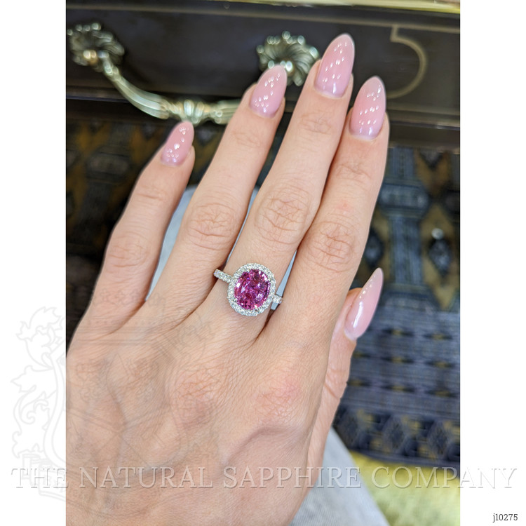 3.08 Ct. Pink Sapphire and Natural Diamond Pave Ring, 14K White Gold