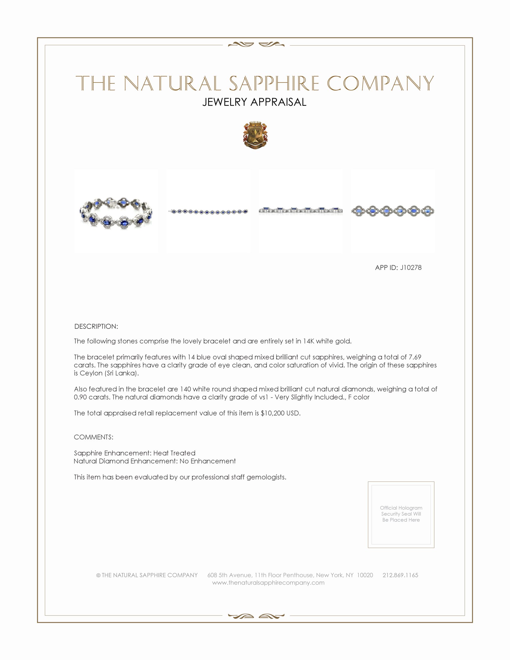 7.69 Ct.Tw. Blue Sapphire and Natural Diamond Pave Bracelet, 14K White Gold