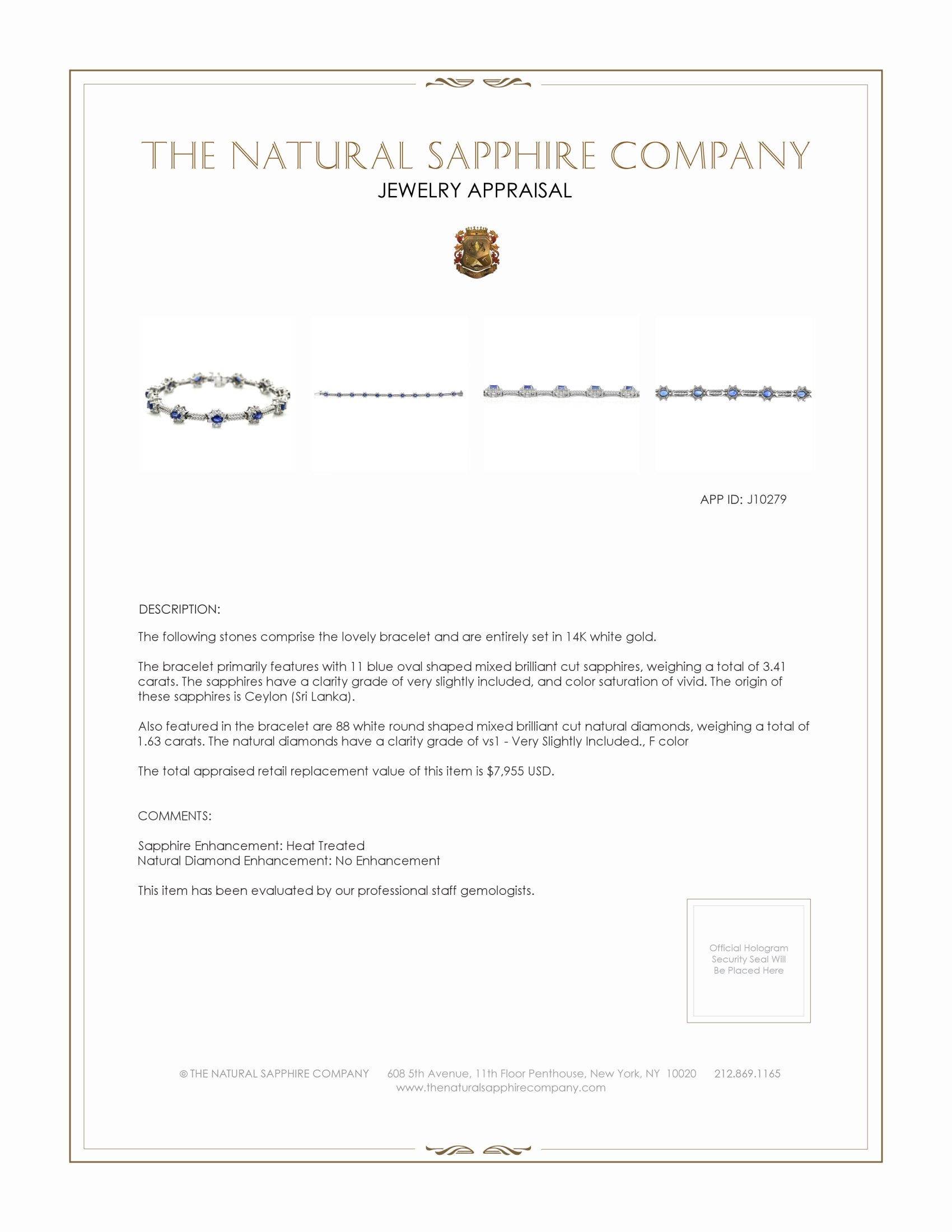 3.41 Ct.Tw. Blue Sapphire and Natural Diamond Pave Bracelet, 14K White Gold