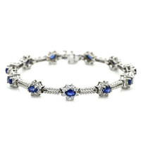 3.41 Ct.Tw. Blue Sapphire and Natural Diamond Pave Bracelet, 14K White Gold Video
