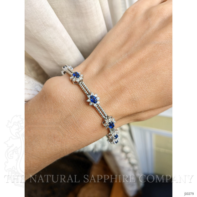 3.41 Ct.Tw. Blue Sapphire and Natural Diamond Pave Bracelet, 14K White Gold