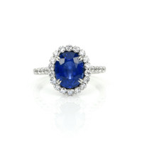 3.30 Ct. Blue Sapphire and Natural Diamond Pave Ring, 18K White Gold Video