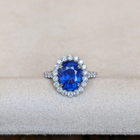 3.30 Ct. Blue Sapphire and Natural Diamond Pave Ring, 18K White Gold Life Style