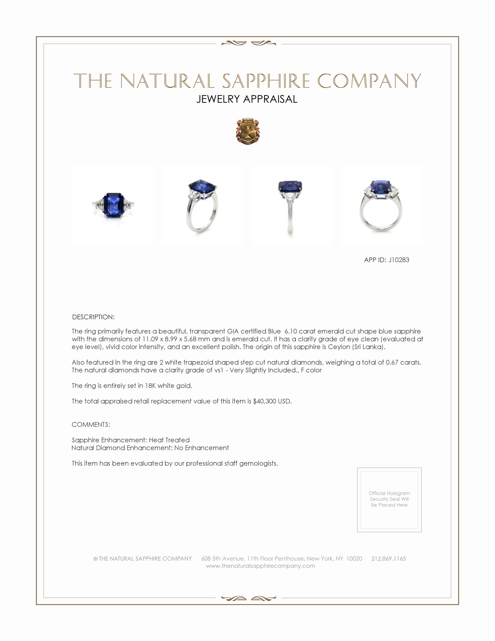 6.10 Ct. Blue Sapphire and Natural Diamond Three Stone Ring, 18K White Gold