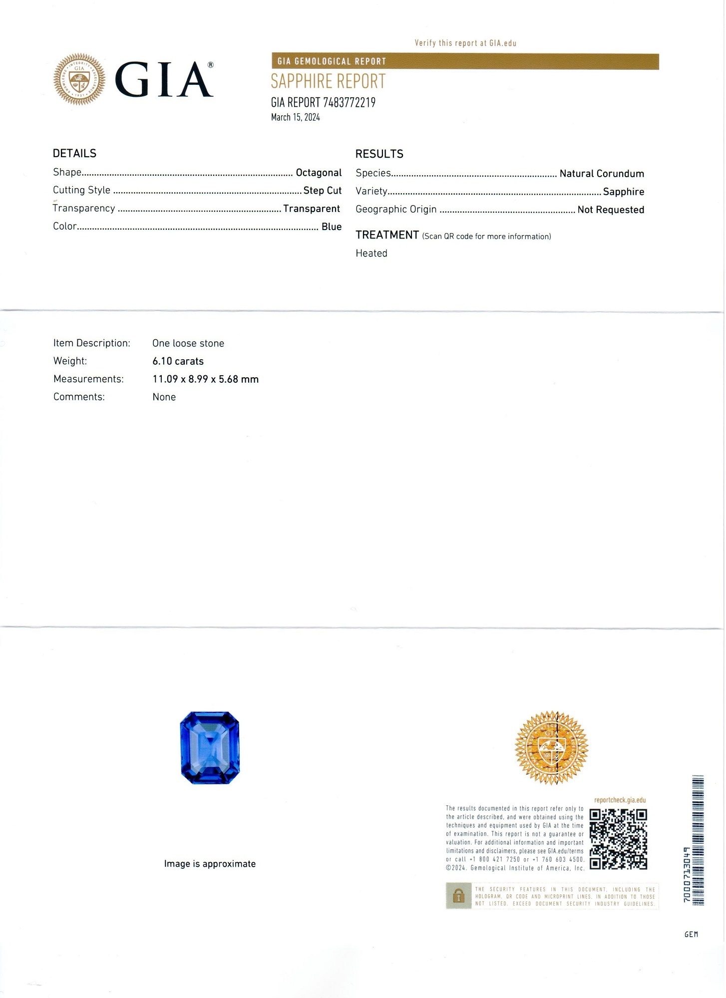 6.10 Ct. Blue Sapphire and Natural Diamond Three Stone Ring, 18K White Gold