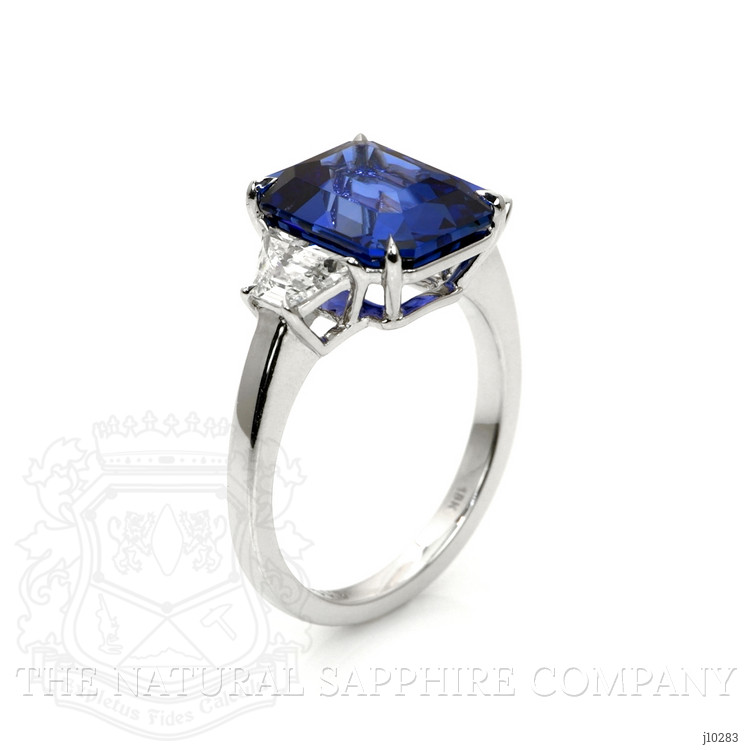 6.10 Ct. Blue Sapphire and Natural Diamond Three Stone Ring, 18K White Gold