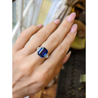 6.10 Ct. Blue Sapphire and Natural Diamond Three Stone Ring, 18K White Gold Life Style