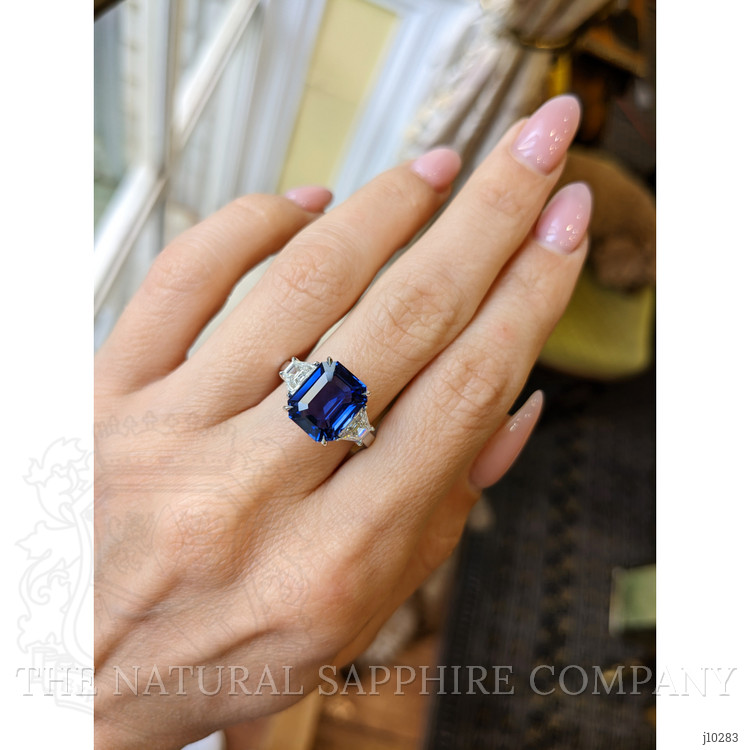 6.10 Ct. Blue Sapphire and Natural Diamond Three Stone Ring, 18K White Gold