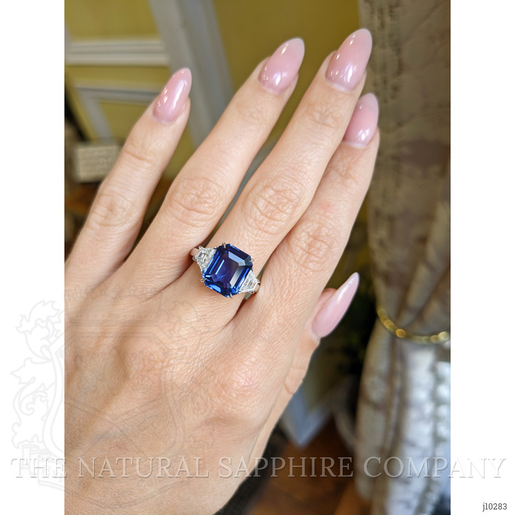 6.10 Ct. Blue Sapphire and Natural Diamond Three Stone Ring, 18K White Gold