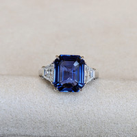 6.10 Ct. Blue Sapphire and Natural Diamond Three Stone Ring, 18K White Gold Life Style