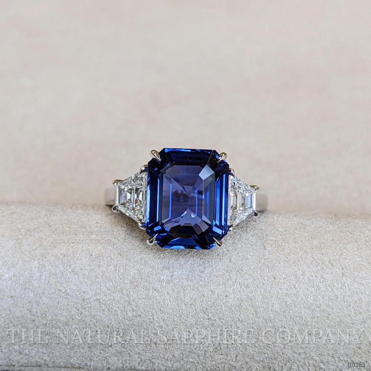 6.10 Ct. Blue Sapphire and Natural Diamond Three Stone Ring, 18K White Gold