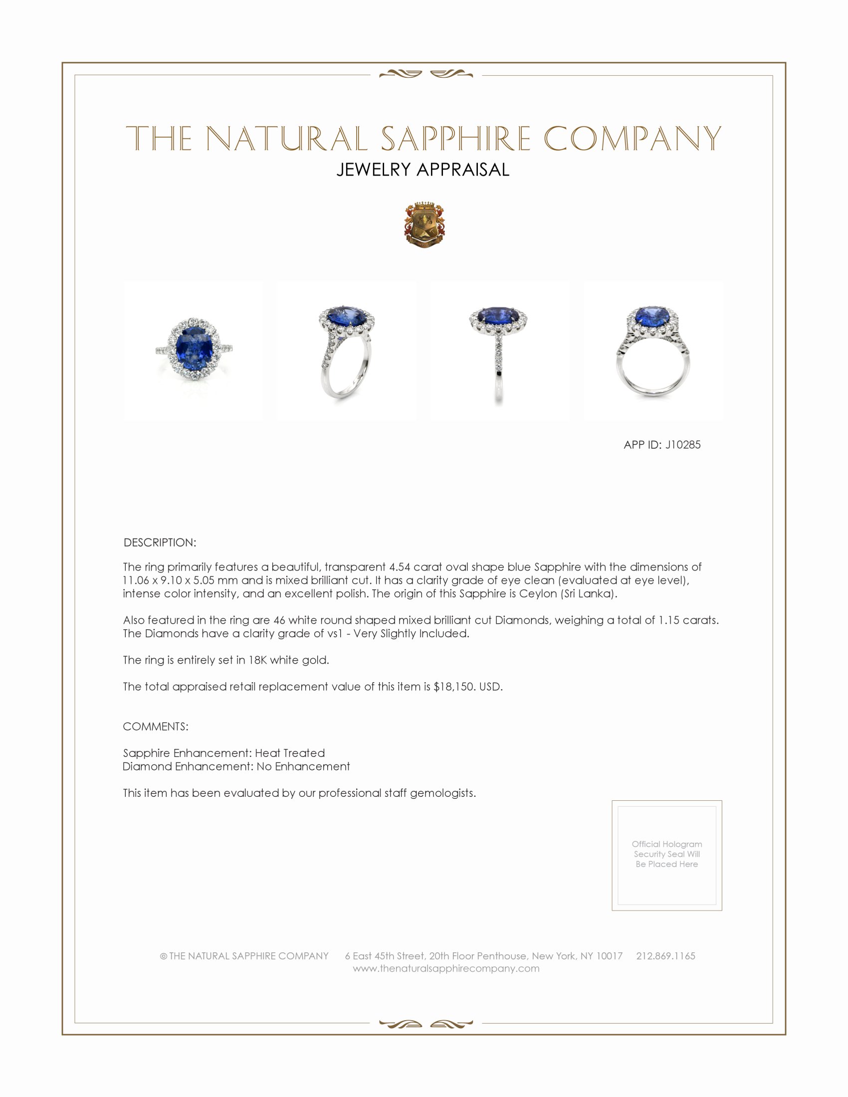 4.54 Ct. Blue Sapphire and Natural Diamond Pave Ring, 18K White Gold