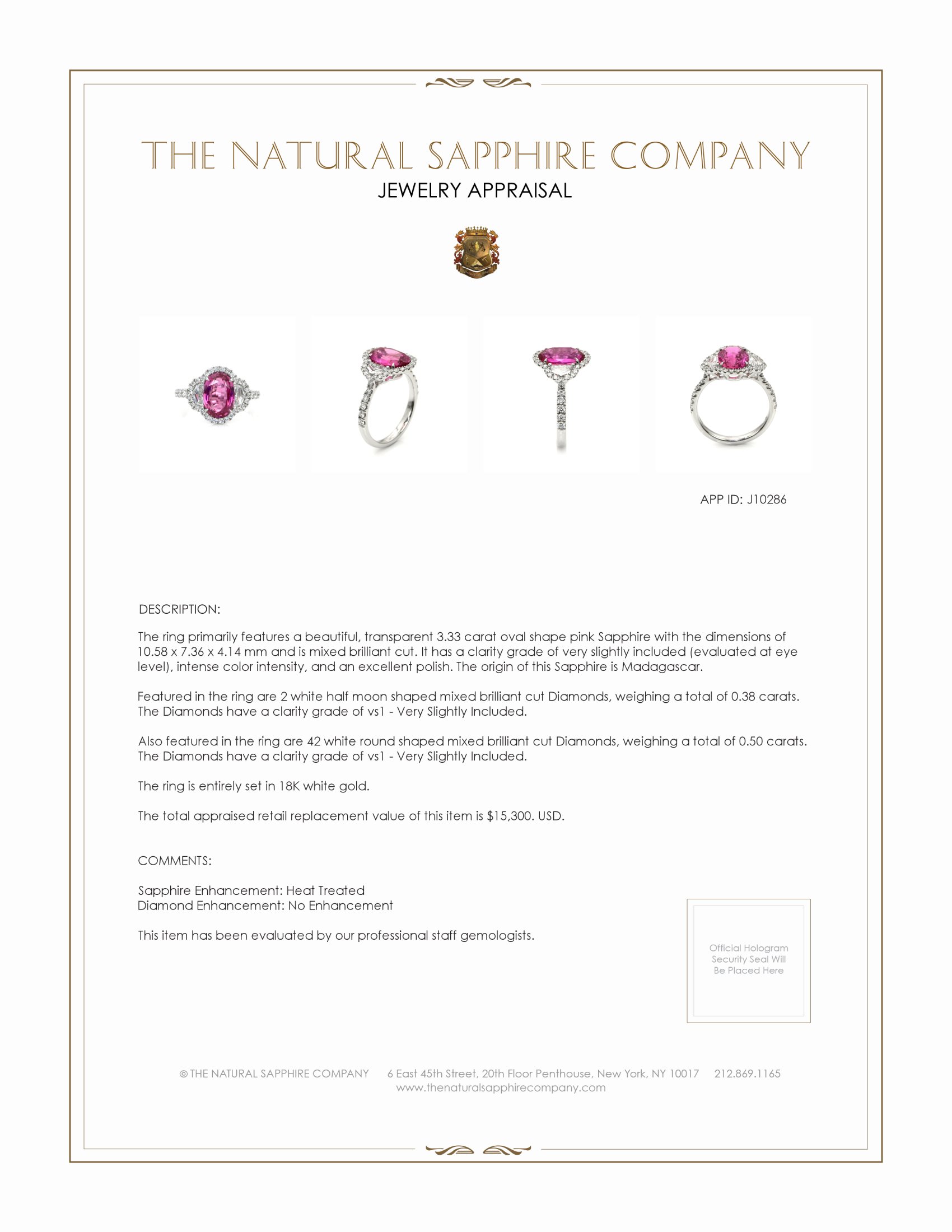 3.33 Ct. Pink Sapphire and Natural Diamond Three Stone Ring, 18K White Gold