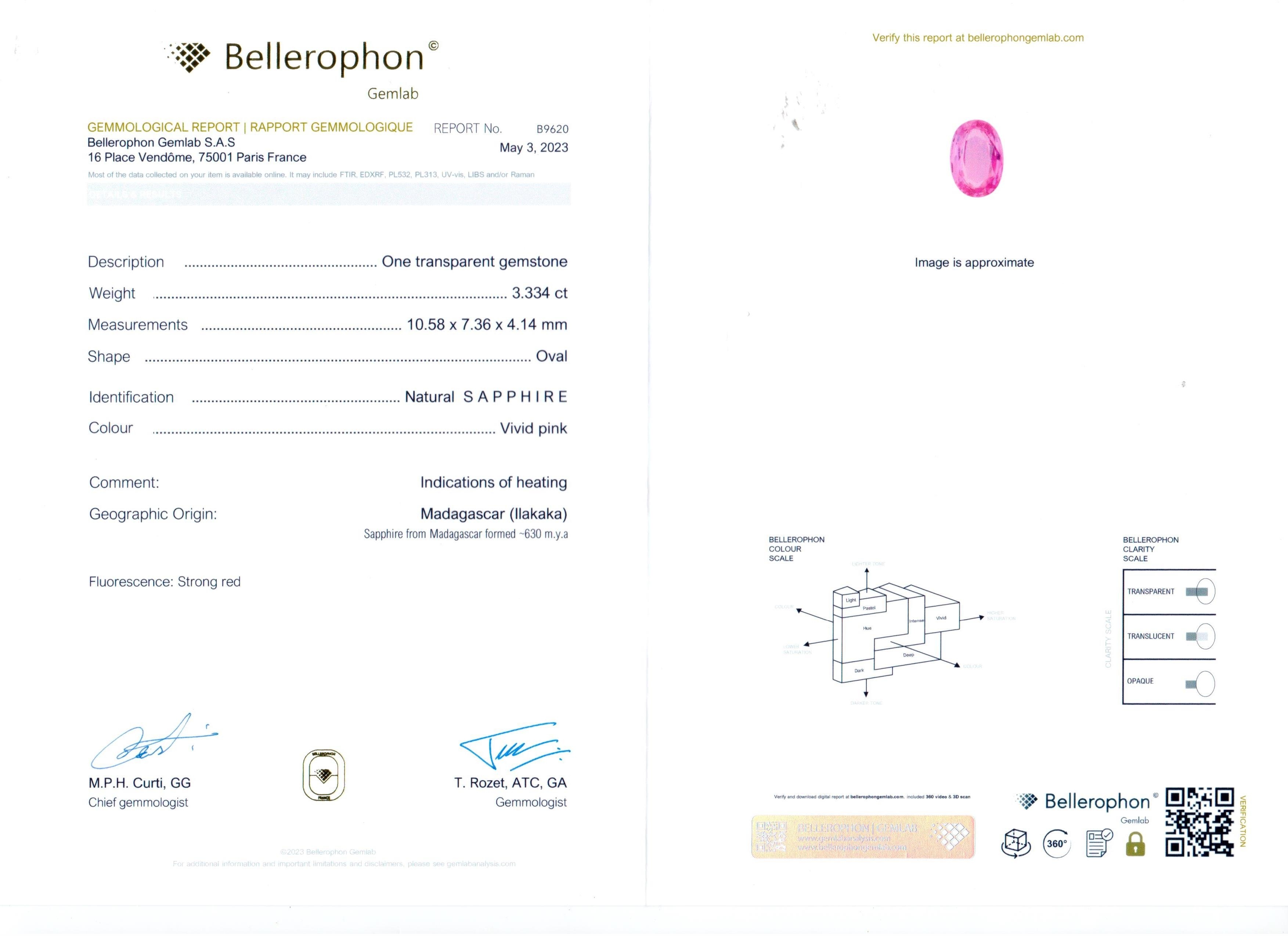 3.33 Ct. Pink Sapphire and Natural Diamond Three Stone Ring, 18K White Gold