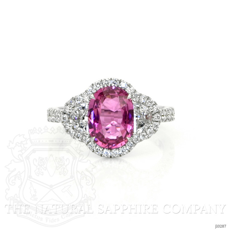 2.60 Ct. Pink Sapphire and Natural Diamond Three Stone Ring, 18K White Gold