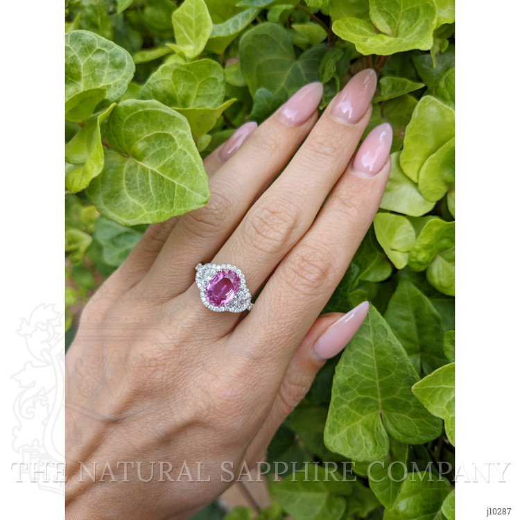 2.60 Ct. Pink Sapphire and Natural Diamond Three Stone Ring, 18K White Gold