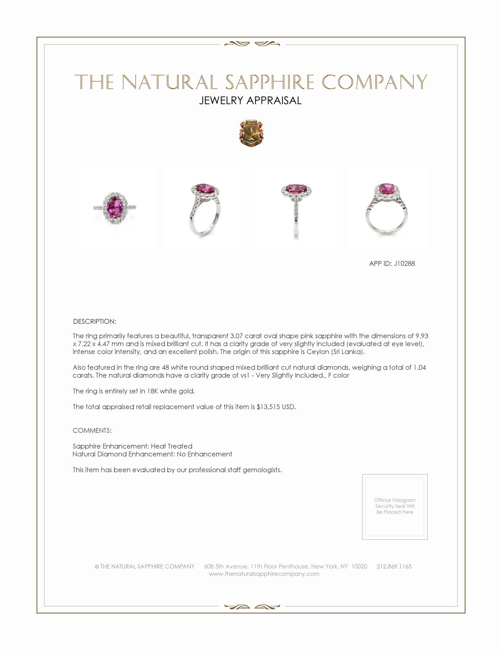 3.07 Ct. Pink Sapphire and Natural Diamond Pave Ring, 18K White Gold
